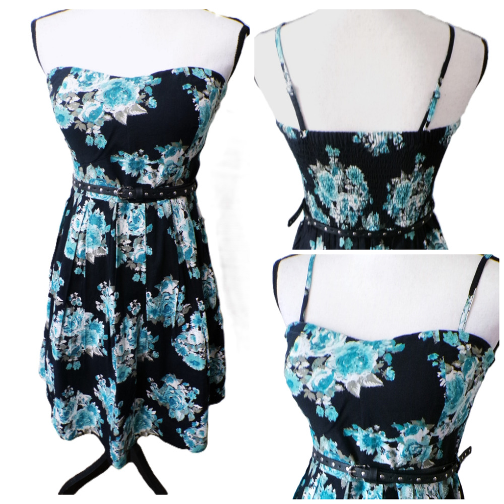 Y2k Bustier Black Floral Babydoll Dress M Blue Smocked WhimsiGoth Coquette Fairy